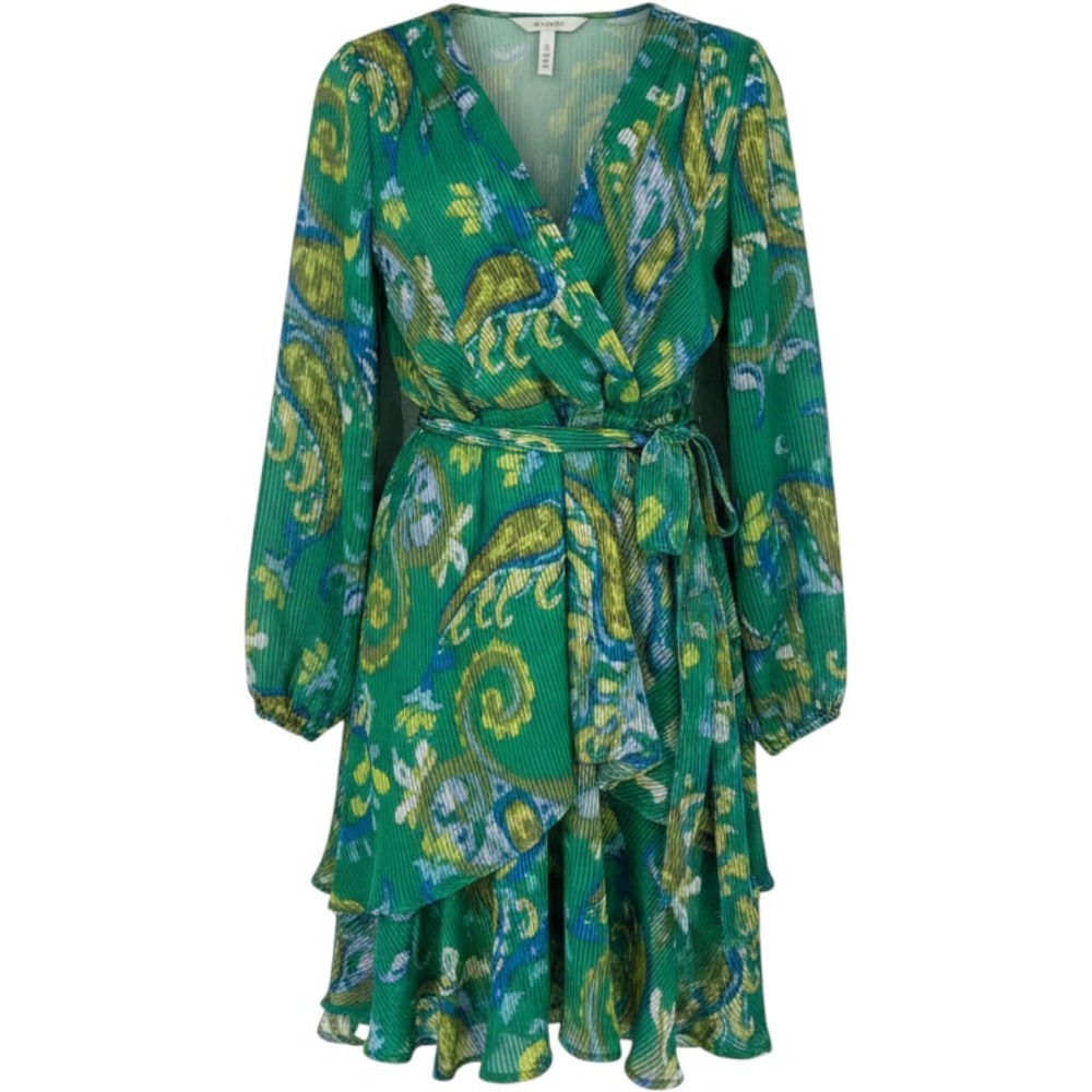 Tahari ASL Green Paisley Plisse Faux Wrap Tiered Ruffle Dress Sz 8
